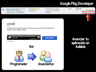Google Play Developer




                                         Anunciar tu
                                         aplicación en
              Rol                           AdMob




Programador         Anunciantes
 