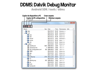DDMS: Dalvik Debug Monitor
     Android SDK / tools / ddms
 