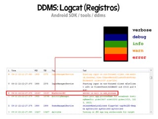 DDMS: Logcat (Registros)
   Android SDK / tools / ddms
 