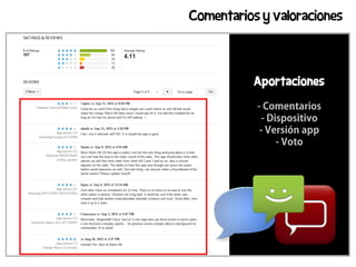 Comentarios y valoraciones



           Aportaciones

           - Comentarios
            - Dispositivo
            - Versión app
                - Voto
 