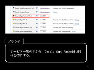 ブラウザ


サービス一覧の中から「Google Maps Android API
v2をONにする」


                                     27
 