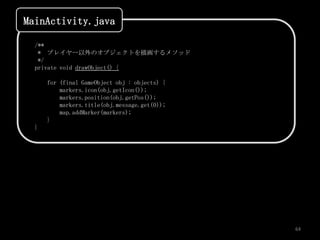 MainActivity.java

  /**
   * プレイヤー以外のオブジェクトを描画するメソッド
   */
  private void drawObject() {

      for (final GameObject obj : objects) {
          markers.icon(obj.getIcon());
          markers.position(obj.getPos());
          markers.title(obj.message.get(0));
          map.addMarker(markers);
      }
  }




                                               64
 