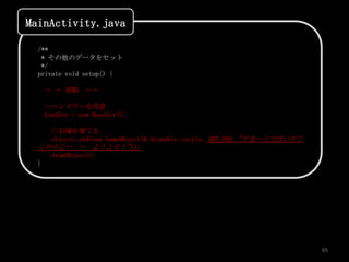 MainActivity.java

  /**
   * その他のデータをセット
   */
  private void setup() {

      ～ ～ 省略 ～～

      //ハンドラーを用意
      handler = new Handler();

        //お城を建てる
        objects.add(new GameObject(R.drawable.castle, SDT_POS, "すまーとでばいすて
  くのろじー へ ようこそ！"));
        drawObject();
  }




                                                                            65
 