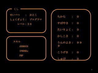 くし

せいべつ        ：   おとこ
                        ちから   ：   ０
しょくぎょう：         プログラマ
  レベル：３６                すばやさ ：    ０

                        たいりょく： ０

                        かしこさ ：    ０

 スキル                    うんのよさ： ９９
      ANDROID           ９
      IPHONEe
                        こうげき ：    ０
      PHP
                        しゅび   ：   ０


                                      9
 