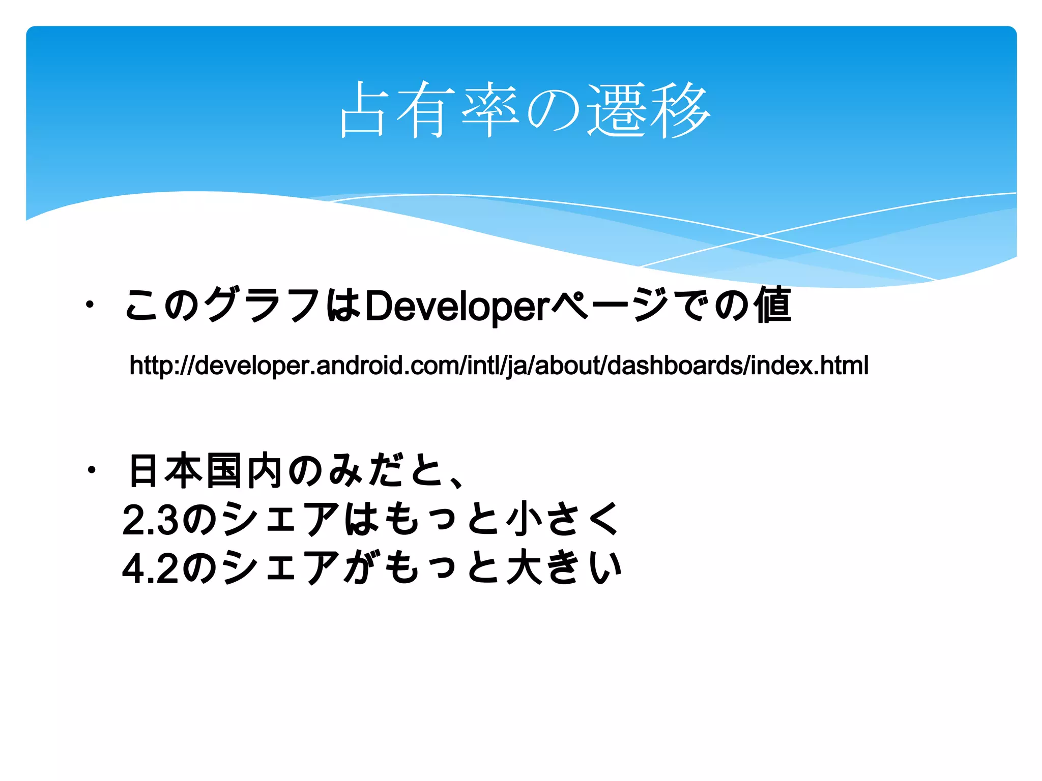 占有率の遷移
・このグラフはDeveloperページでの値
http://developer.android.com/intl/ja/about/dashboards/index.html
・日本国内のみだと、
2.3のシェアはもっと小さく
4.2のシェアがもっと大きい
 