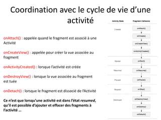 onAttach() : appelée quand le fragment est associé à une
Activité
onCreateView() : appelée pour créer la vue associée au
fragment
onActivityCreated() : lorsque l’activité est créée
onDestroyView() : lorsque la vue associée au fragment
est tuée
onDetach() : lorsque le fragment est dissocié de l’Activité
Ce n’est que lorsqu’une activité est dans l’état resumed,
qu’il est possible d’ajouter et effacer des fragments à
l’activité …
Coordination avec le cycle de vie d’une
activité
 