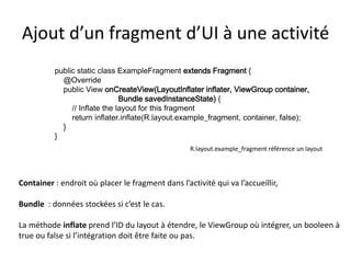 Ajout d’un fragment d’UI à une activité
public static class ExampleFragment extends Fragment {
@Override
public View onCreateView(LayoutInflater inflater, ViewGroup container,
Bundle savedInstanceState) {
// Inflate the layout for this fragment
return inflater.inflate(R.layout.example_fragment, container, false);
}
}
R.layout.example_fragment référence un layout
Container : endroit où placer le fragment dans l’activité qui va l’accueillir,
Bundle : données stockées si c’est le cas.
La méthode inflate prend l’ID du layout à étendre, le ViewGroup où intégrer, un booleen à
true ou false si l’intégration doit être faite ou pas.
 