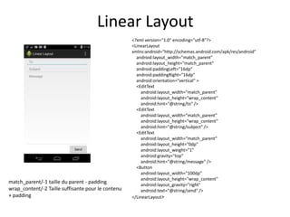 <?xml version="1.0" encoding="utf-8"?>
<LinearLayout
xmlns:android="http://schemas.android.com/apk/res/android"
android:layout_width="match_parent"
android:layout_height="match_parent"
android:paddingLeft="16dp"
android:paddingRight="16dp"
android:orientation="vertical" >
<EditText
android:layout_width="match_parent"
android:layout_height="wrap_content"
android:hint="@string/to" />
<EditText
android:layout_width="match_parent"
android:layout_height="wrap_content"
android:hint="@string/subject" />
<EditText
android:layout_width="match_parent"
android:layout_height="0dp"
android:layout_weight="1"
android:gravity="top"
android:hint="@string/message" />
<Button
android:layout_width="100dp"
android:layout_height="wrap_content"
android:layout_gravity="right"
android:text="@string/send" />
</LinearLayout>
Linear Layout
match_parent/-1 taille du parent - padding
wrap_content/-2 Taille suffisante pour le contenu
+ padding
 