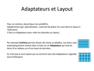 Adaptateurs et Layout
Par exemple ListView permet d’avoir des items scrollables. Les items sont
automatiquement insérés dans la liste via un Adaptateur qui met les
items d’un tableau ou d’une base de données.
Ce n’est pas le seul Layout qui se construit avec des Adaptateurs regardez
aussi GridLayout
Pour un contenu dynamique non prédéfini,
AdapterView (par spécialisation…) permet de placer les vues dans le layout à
l’éxécution.
Il faut un Adaptateur pour relier les données au layout. .
 