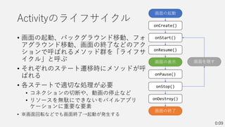 Activityのライフサイクル
• 画面の起動、バックグラウンド移動、フォ
アグラウンド移動、画面の終了などのアク
ションで呼ばれるメソッド群を「ライフサ
イクル」と呼ぶ
• それぞれのステート遷移時にメソッドが呼
ばれる
• 各ステートで適切な処理が必要
• コネクションの切断や、動画の停止など
• リソースを無駄にできないモバイルアプリ
ケーションに重要な要素
• ※画面回転などでも画面終了→起動が発生する
0:09
画面の起動
onCreate()
onStart()
onResume()
onPause()
onStop()
onDestroy()
画面の表示
画面の終了
画面を隠す
 
