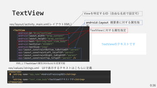 TextView
res/values/strings.xml UIで表示するテキストはこちらに定義
res/layout/activity_main.xml(レイアウトXML)
XML上でTextViewの属性(Attribute)を変更可能
0:36
TextViewに対する属性指定
android:layout 親要素に対する属性指
定
Viewを特定するID（自由な名前で設定可）
 