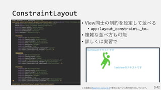 ConstraintLayout
• View同士の制約を設定して並べる
• app:layout_constraint…_to…
• 複雑な並べ方も可能
• 詳しくは実習で
0:42
この画像はApache License 2.0で配布されている制作物を含んでいます。
 