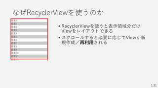なぜRecyclerViewを使うのか
• RecyclerViewを使うと表示領域分だけ
Viewをレイアウトできる
• スクロールすると必要に応じてViewが新
規作成／再利用される
1:31
 