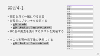 実習4-1
• 画面を見て一緒にやる実習
• 実習前にブランチを変更する
• git stash
• git checkout lesson4-1start
• 100個の要素を表示するリストを実装する
• ※この実習の完了後の状態にする
• git checkout lesson4-1end
1:35
 