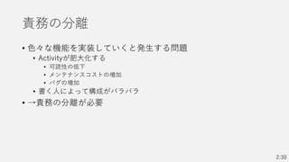 責務の分離
• 色々な機能を実装していくと発生する問題
• Activityが肥大化する
• 可読性の低下
• メンテナンスコストの増加
• バグの増加
• 書く人によって構成がバラバラ
• →責務の分離が必要
2:30
 