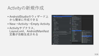 Activityの新規作成
• AndroidStudioのウィザード上
から簡単に作成できる
• New→Activity→Empty Activity
• Activityサブクラス、
Layout.xml、AndroidManifest
定義が自動生成される
3:16
 