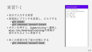 実習7-1
• 自分で入力する実習
• 実習前にブランチを変更し、ビルドする
• git stash
• git checkout lesson7-1start
• ボタンを押すと、SubActivityへ遷移し
mixi-inc/AndroidTrainingの情報が
表示されるように実装する
• ※この実習の完了後の状態にする
• git checkout lesson7-1end
3:22
 
