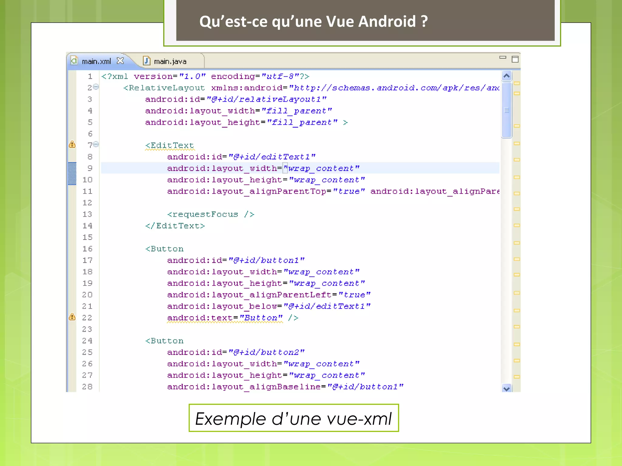 Qu’est-ce qu’une Vue Android ?
Exemple d’une vue-xml
 