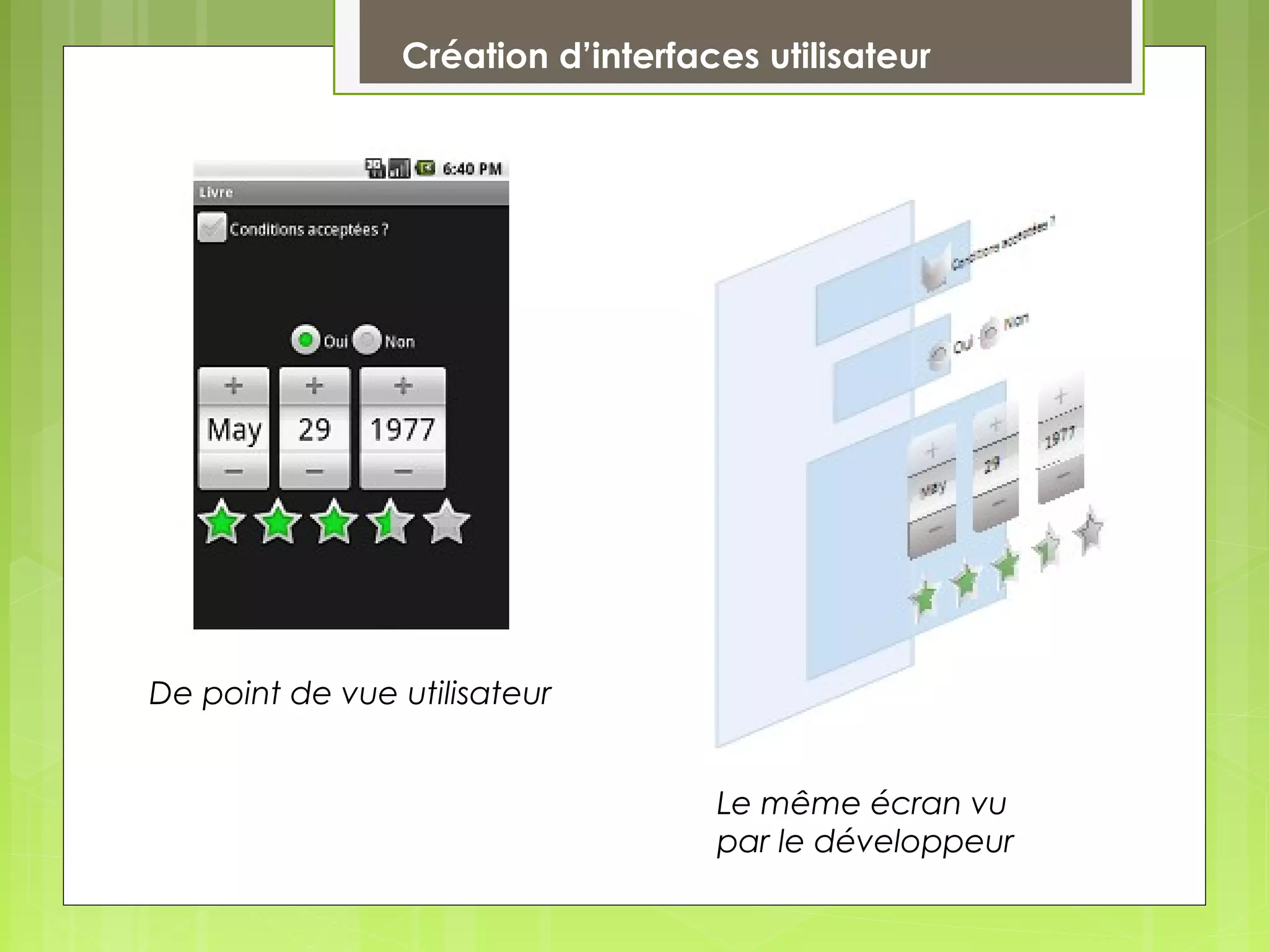 Création d’interfaces utilisateur
De point de vue utilisateur
Le même écran vu
par le développeur
 