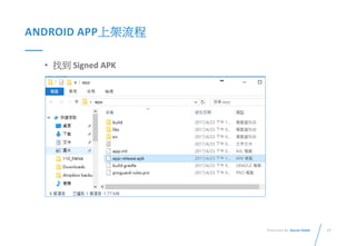 27Presented By: Duran Hsieh
ANDROID APP上架流程
• 找到 Signed APK
 