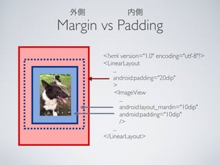 Margin vs Padding
       <?xml version="1.0" encoding="utf-8"?>
       <LinearLayout
       
 ...
       
 android:padding="20dip"
       
 >
           <ImageView
             ...
             android:layout_mardin="10dip"
             android:padding="10dip"
             />
       
 ...
       </LinearLayout>
 
