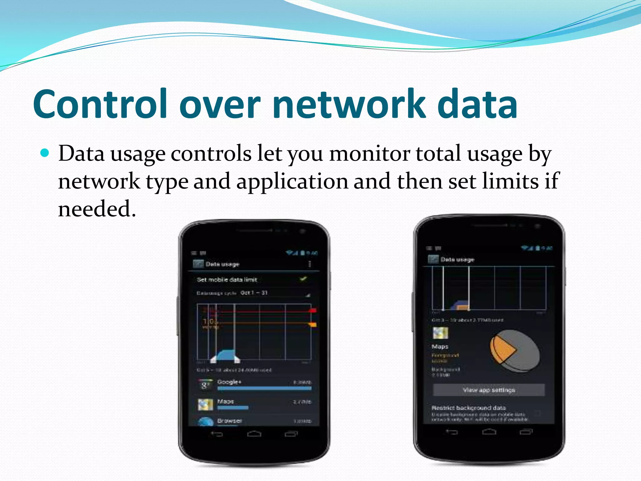 Control over network data
 Data usage controls let you monitor total usage by
 network type and application and then set limits if
 needed.
 