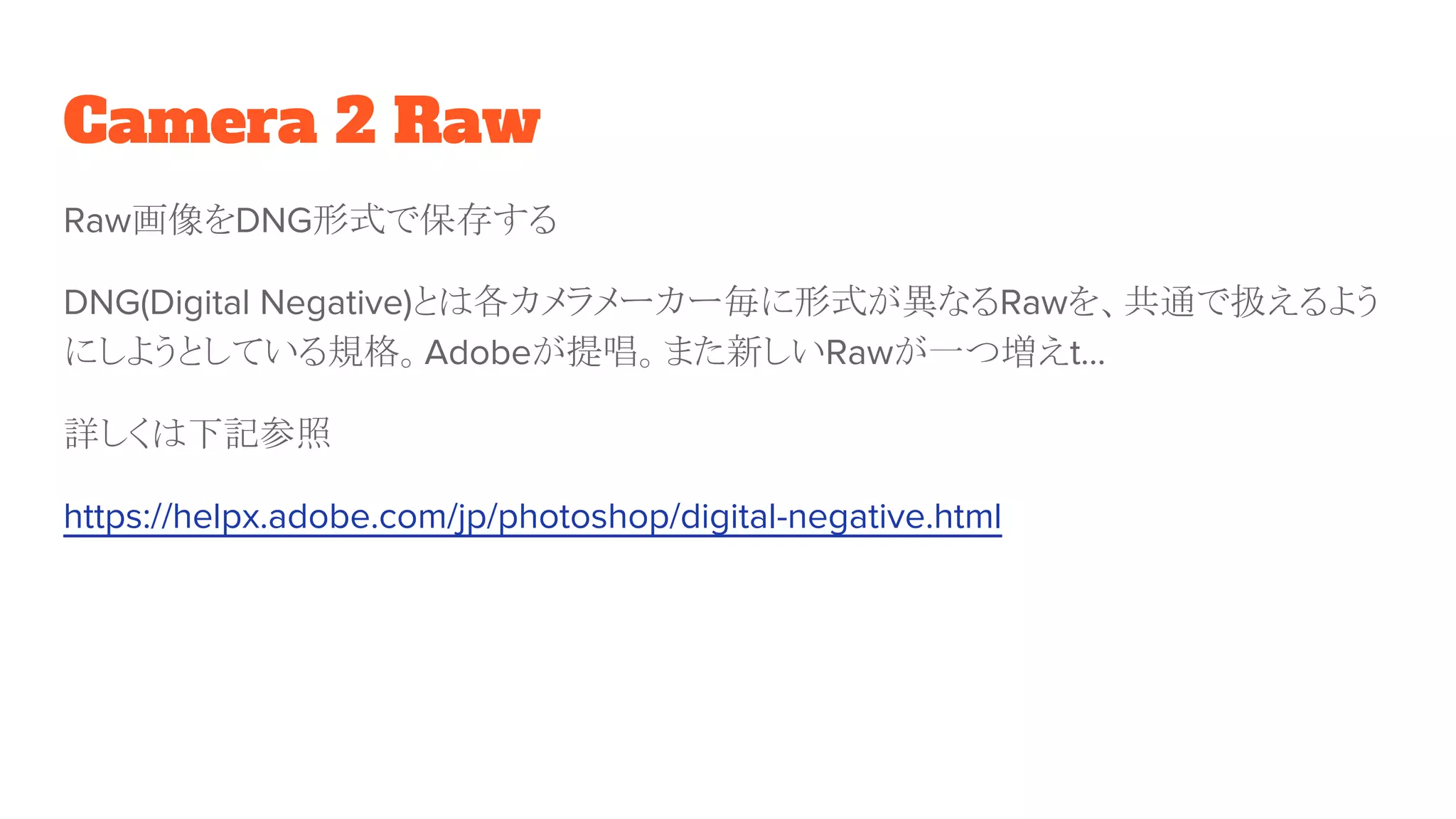 Camera 2 Raw
Raw画像をDNG形式で保存する
DNG(Digital Negative)とは各カメラメーカー毎に形式が異なるRawを、共通で扱えるよう
にしようとしている規格。Adobeが提唱。また新しいRawが一つ増えt…
詳しくは下記参照
https://helpx.adobe.com/jp/photoshop/digital-negative.html
 