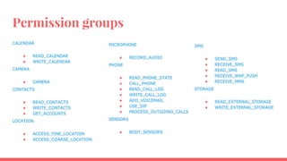 Permission groups
CALENDAR
● READ_CALENDAR
● WRITE_CALENDAR
CAMERA
● CAMERA
CONTACTS
● READ_CONTACTS
● WRITE_CONTACTS
● GET_ACCOUNTS
LOCATION
● ACCESS_FINE_LOCATION
● ACCESS_COARSE_LOCATION
MICROPHONE
● RECORD_AUDIO
PHONE
● READ_PHONE_STATE
● CALL_PHONE
● READ_CALL_LOG
● WRITE_CALL_LOG
● ADD_VOICEMAIL
● USE_SIP
● PROCESS_OUTGOING_CALLS
SENSORS
● BODY_SENSORS
SMS
● SEND_SMS
● RECEIVE_SMS
● READ_SMS
● RECEIVE_WAP_PUSH
● RECEIVE_MMS
STORAGE
● READ_EXTERNAL_STORAGE
● WRITE_EXTERNAL_STORAGE
 