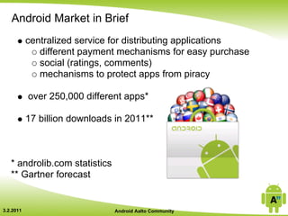 Android Market in Brief
           centralized service for distributing applications
              different payment mechanisms for easy purchase
              social (ratings, comments)
              mechanisms to protect apps from piracy

           over 250,000 different apps*

           17 billion downloads in 2011**



   * androlib.com statistics
   ** Gartner forecast


3.2.2011                       Android Aalto Community
 