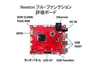Newton	
  フル・ファンクション	
  
            評価ボード	
DDR	
  512MB	
                Ethernet	
Flash	
  4GB	
                             DC	
  IN	


GPIO	

                                                USB	
  
                                                HOST	



       タッチパネル	
 LCD	
  I/F	
 USB	
  FuncDon	
 