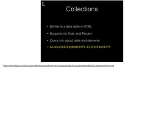 Collections 
• Similar to a data table in HTML 
• Supports int, float, and Percent 
• Query info about table and elements ...