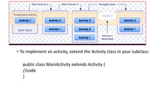 • To implement an activity, extend the Activity class in your subclass:
public class MainActivity extends Activity {
//code
}
 