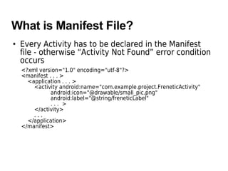 What is Manifest File?
• Every Activity has to be declared in the Manifest
file - otherwise “Activity Not Found” error condition
occurs
<?xml version="1.0" encoding="utf-8"?>
<manifest . . . >
<application . . . >
<activity android:name="com.example.project.FreneticActivity"
android:icon="@drawable/small_pic.png"
android:label="@string/freneticLabel"
. . . >
</activity>
. . .
</application>
</manifest>
 