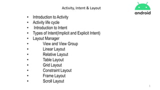 1
Activity, Intent & Layout
• Introduction to Activity
• Activity life cycle
• Introduction to Intent
• Types of Intent(Implicit and Explicit Intent)
• Layout Manager
• View and View Group
• Linear Layout
• Relative Layout
• Table Layout
• Grid Layout
• Constraint Layout
• Frame Layout
• Scroll Layout
 