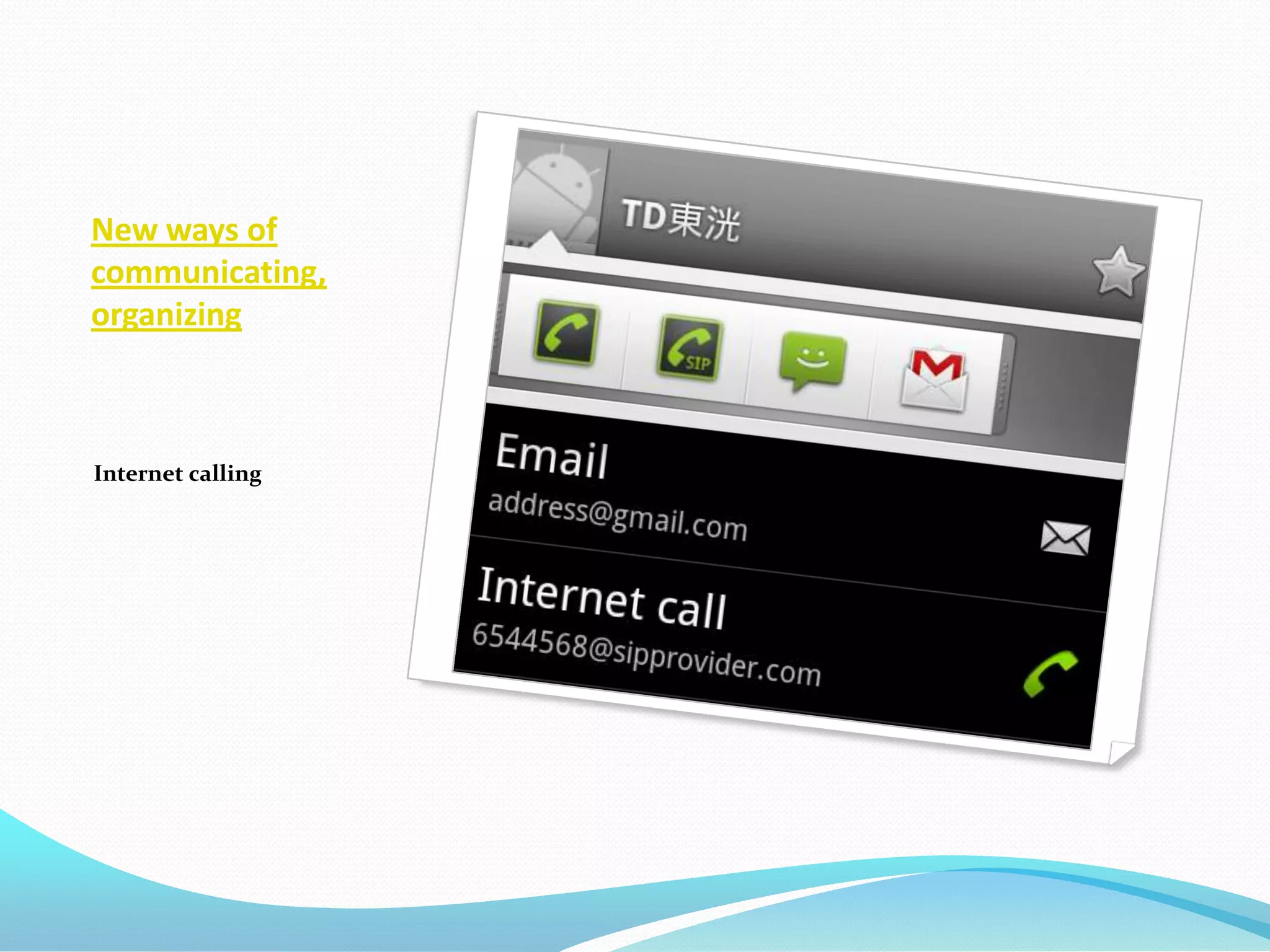 New ways of
communicating,
organizing



Internet calling
 