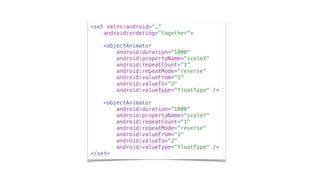 <set xmlns:android=“…”
android:ordering="together">
<objectAnimator
android:duration="1000"
android:propertyName="scaleX"
android:repeatCount="1"
android:repeatMode="reverse"
android:valueFrom="1"
android:valueTo="2"
android:valueType="floatType" />
<objectAnimator
android:duration="1000"
android:propertyName="scaleY"
android:repeatCount="1"
android:repeatMode="reverse"
android:valueFrom="1"
android:valueTo="2"
android:valueType="floatType" />
</set>
 