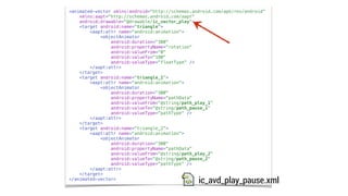<animated-vector xmlns:android="http://schemas.android.com/apk/res/android"
xmlns:aapt="http://schemas.android.com/aapt"
android:drawable="@drawable/ic_vector_play">
<target android:name="triangle">
<aapt:attr name="android:animation">
<objectAnimator
android:duration="300"
android:propertyName="rotation"
android:valueFrom="0"
android:valueTo="180"
android:valueType="floatType" />
</aapt:attr>
</target>
<target android:name="triangle_1">
<aapt:attr name="android:animation">
<objectAnimator
android:duration="300"
android:propertyName="pathData"
android:valueFrom="@string/path_play_1"
android:valueTo="@string/path_pause_1"
android:valueType="pathType" />
</aapt:attr>
</target>
<target android:name="triangle_2">
<aapt:attr name="android:animation">
<objectAnimator
android:duration="300"
android:propertyName="pathData"
android:valueFrom="@string/path_play_2"
android:valueTo="@string/path_pause_2"
android:valueType="pathType" />
</aapt:attr>
</target>
</animated-vector>
ic_avd_play_pause.xml
 