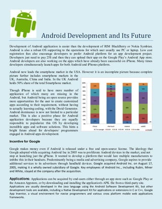 Android Development and Its Future
Development of Android application is easier than the development of RIM BlackBerry or Nokia Symbian.
Android is also a robust OS supporting to the operations for which user usually use PC or laptop. Low cost
registration fees also encourage developers to prefer Android platform for an app development project.
Developers just need to pay 25$ and then they can upload their app on the Google Play’s Android App store.
Android developers are also working on the apps which have already been successful on iPhone. Many times
developers simultaneously launch apps for both Android and iPhones platform.

Android now leads the smartphone market in the USA. However it is an incomplete picture because complete
picture further includes smartphone markets in the
UK, Australia, China and India. In the UK Android
holds 50% share of the total Smartphone market.

Though iPhone is said to have more number of
application of which many are missing in the
Android, but Android being an open source provides
more opportunities for the user to create customized
apps according to their requirement, without having
to actually learning coding, with the Droid Generator.
Android dominance is now not limited to a particular
market. This is also a positive phase for Android
application developers because they are equally
responsible to popularize this OS by developing
incredible apps and software solutions. This hints a
bright future ahead for developers/ programmers
engaged in Android apps development.

Incentive for Google

Google makes money even if Android is released under a free and open-source license. The ideology that
Google adopted while acquiring Android Inc in 2005 was to proliferate Android devices in the market, and not
stop at launching just the gPhone. It wanted to develop a platform that would lure multiple manufacturers to
imbibe this in their handsets. Predominantly being a media and advertising company, Google aspires to provide
additional services to its advertisers through handheld devices. Google acquired Android Inc. on August 17,
2005, making it a wholly owned subsidiary of Google. Key employees of Android Inc., including Rubin, Miner
and White, stayed at the company after the acquisition.

Applications: Applications can be acquired by end-users either through an app store such as Google Play or
the Amazon Appstore, or by downloading and installing the application's APK file from a third-party site.
Applications are usually developed in the Java language using the Android Software Development Kit, but other
development tools are available, including a Native Development Kit for applications or extensions in C or C++, Google
App Inventor, a visual environment for novice programmers and various cross platform mobile web applications
frameworks.
 