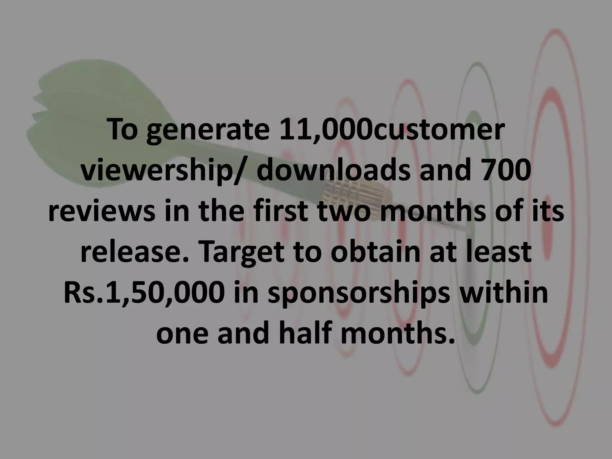 To generate 11,000customer
viewership/ downloads and 700
reviews in the first two months of its
release. Target to obtain at least
Rs.1,50,000 in sponsorships within
one and half months.
 