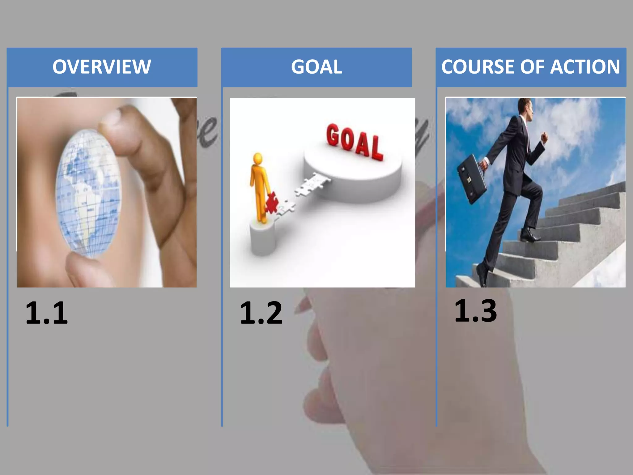 1.1
OVERVIEW
1.2
GOAL
1.3
COURSE OF ACTION
 