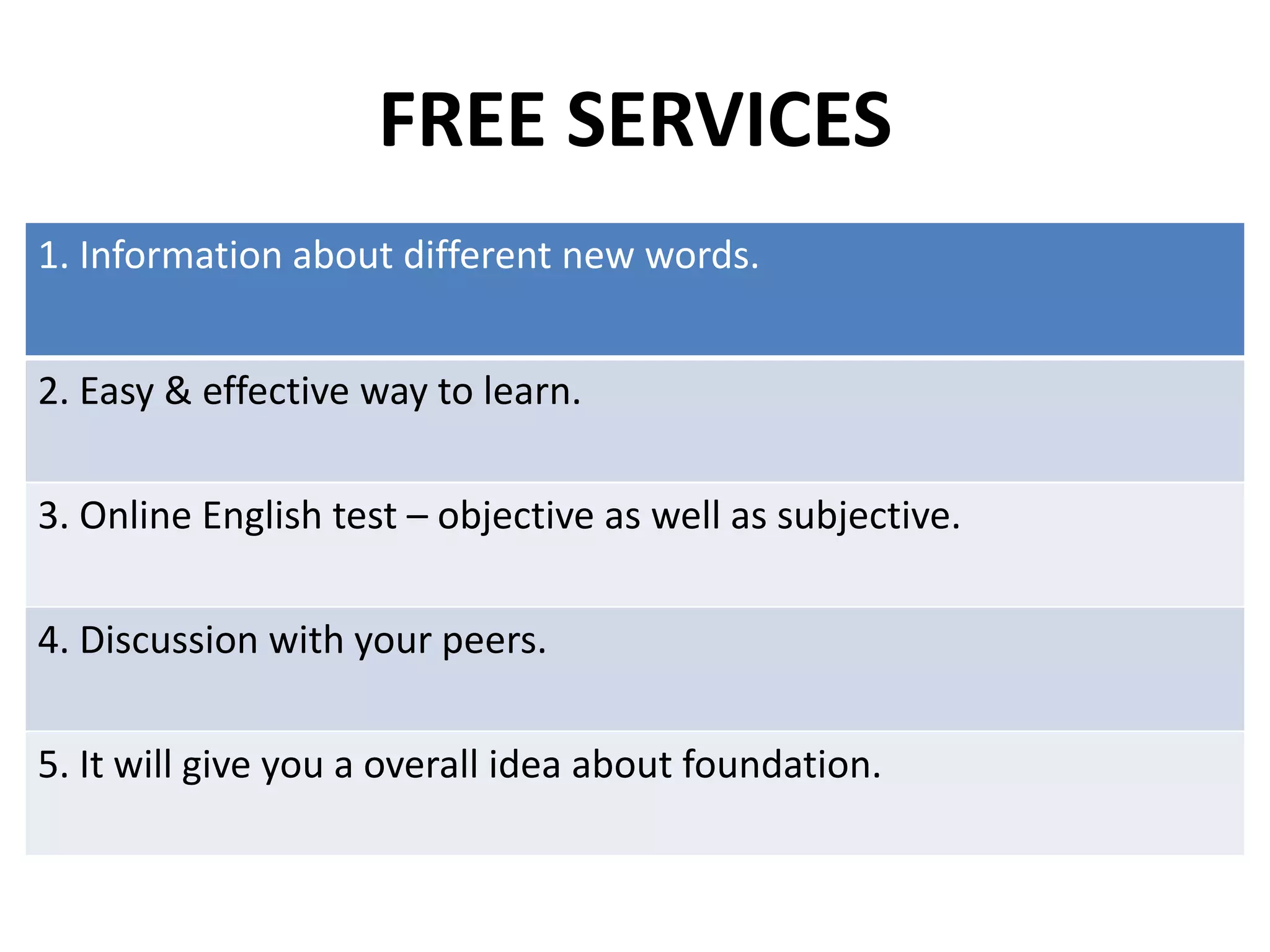 FREE SERVICES
1. Information about different new words.
2. Easy & effective way to learn.
3. Online English test – objective as well as subjective.
4. Discussion with your peers.
5. It will give you a overall idea about foundation.
 