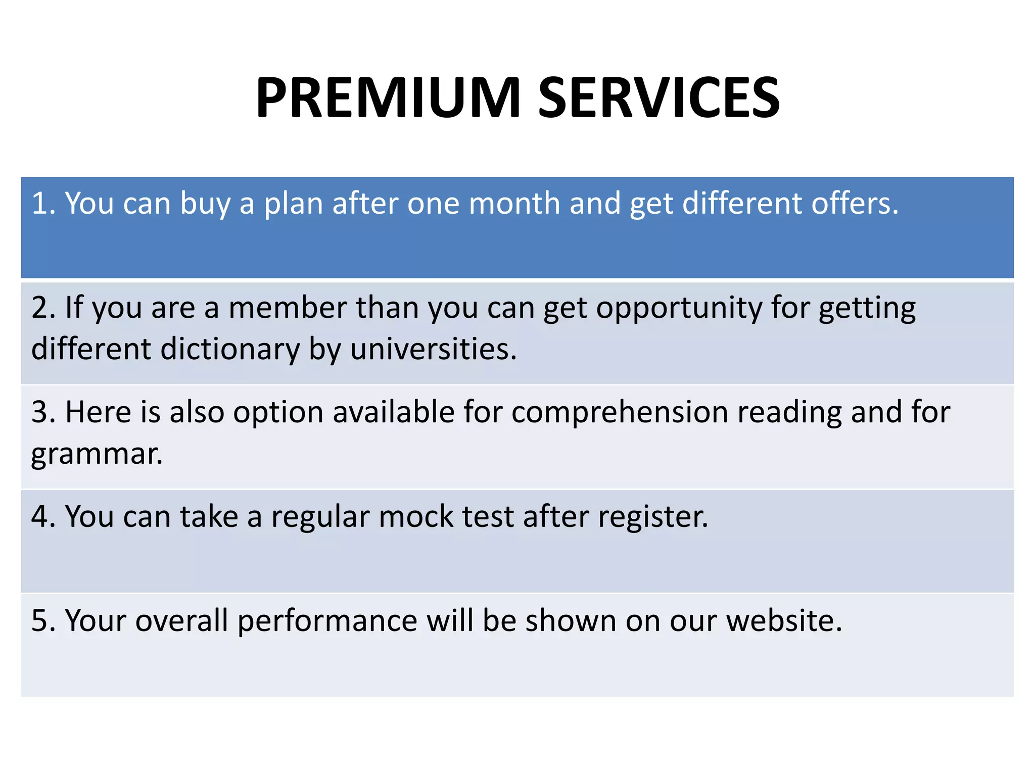 PREMIUM SERVICES
1. You can buy a plan after one month and get different offers.
2. If you are a member than you can get opportunity for getting
different dictionary by universities.
3. Here is also option available for comprehension reading and for
grammar.
4. You can take a regular mock test after register.
5. Your overall performance will be shown on our website.
 