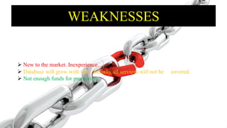 WEAKNESSES
 New to the market. Inexperience.
 Database will grow with time. Initially all services will not be covered.
 Not enough funds for promotion.
 