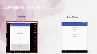 Button List View
10
COMPONENTS IN ANDROID
 