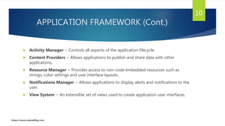APPLICATION FRAMEWORK (Cont.)
 Activity Manager − Controls all aspects of the application lifecycle.
 Content Providers − Allows applications to publish and share data with other
applications.
 Resource Manager − Provides access to non-code embedded resources such as
strings, color settings and user interface layouts.
 Notifications Manager − Allows applications to display alerts and notifications to the
user.
 View System − An extensible set of views used to create application user interfaces.
10
https://www.androidflap.com
 