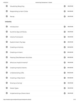 4/25/2019 Android App Development - Edukite
https://edukite.org/course/jandroid-app-development-udacity/ 6/19
 
 
 
 
 
 
 
 
 
 
 
 
 
 
 
 
 
Visualizing Recycling 00:01:00
Responding to Item Clicks 00:03:00
Recap 00:01:00
Intents
Introduction 00:01:00
Sunshine App UX Mocks 00:01:00
Intents Framework 00:01:00
Explicit Intent Toy App 00:01:00
Creating an Activity 00:02:00
Creating an Intent 00:02:00
Passing Data Between Activities 00:03:00
What are Implicit Intents? 00:01:00
Creating Implicit Intents 00:03:00
Understanding URIs 00:04:00
Creating a Map Intent 00:02:00
Sharing is Caring! 00:01:00
Media Types 00:01:00
Implementing a Share Intent 00:01:00
 