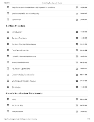 4/25/2019 Android App Development - Edukite
https://edukite.org/course/jandroid-app-development-udacity/ 9/19
 
 
 
 
 
 
 
 
 
 
 
 
 
 
 
 
Exercise: Create the PreferenceFragment in Sunshine 00:01:00
Exercise: Update the MainActivity 00:01:00
Conclusion 00:01:00
Content Providers
Introduction 00:01:00
Content Providers 00:01:00
Content Provider Advantages 00:02:00
DroidTermsExample 00:02:00
Content Provider Permissions 00:01:00
The Content Resolver 00:02:00
Four Basic Operations 00:01:00
Uniform Resource Identi er 00:04:00
Working with Cursors Review 00:03:00
Conclusion 00:01:00
Android Architecture Components
Intro 00:00:00
ToDo List App 00:02:00
Intro to Room 00:01:00
 