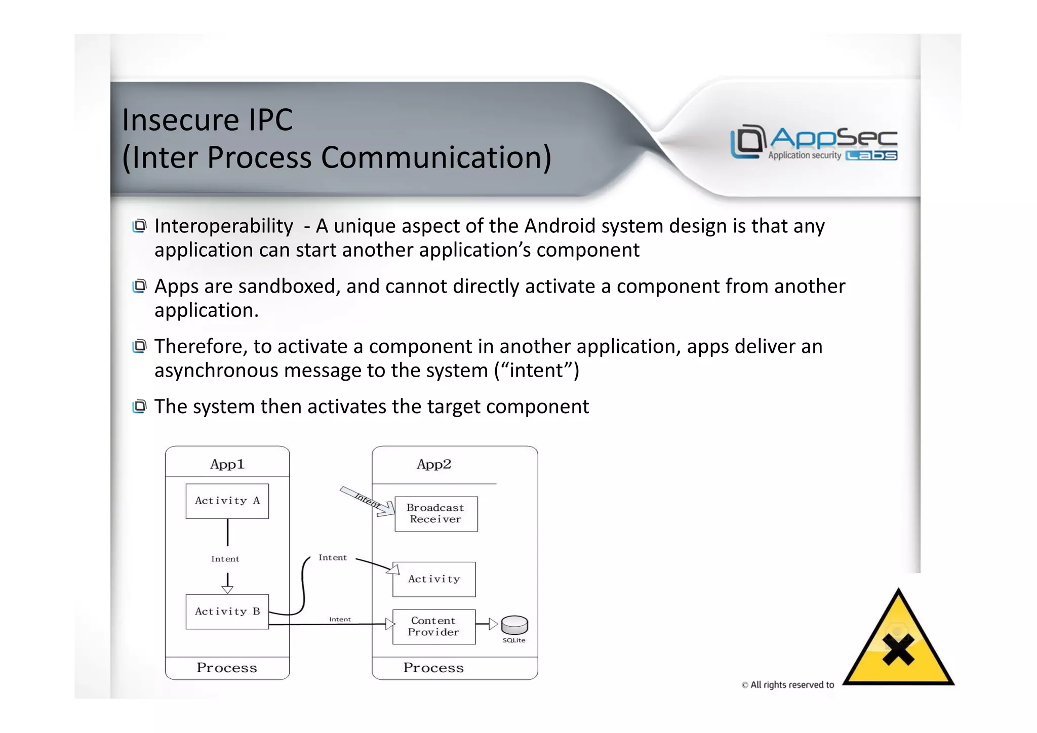 Insecure IPC
(Inter Process Communication)
Interoperability - A unique aspect of the Android system design is that any
application can start another application’s component
Apps are sandboxed, and cannot directly activate a component from another
application.
Therefore, to activate a component in another application, apps deliver an
asynchronous message to the system (“intent”)
The system then activates the target component
 