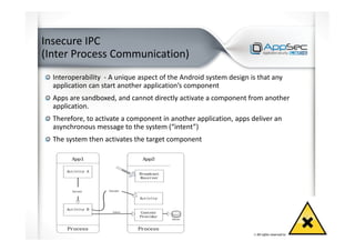 Insecure IPC
(Inter Process Communication)
Interoperability - A unique aspect of the Android system design is that any
application can start another application’s component
Apps are sandboxed, and cannot directly activate a component from another
application.
Therefore, to activate a component in another application, apps deliver an
asynchronous message to the system (“intent”)
The system then activates the target component
 