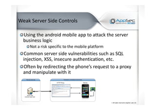 Weak Server Side Controls
Using the android mobile app to attack the server
business logic
Not a risk specific to the mobile platform
Common server side vulnerabilities such as SQL
injection, XSS, insecure authentication, etc.
Often by redirecting the phone’s request to a proxy
and manipulate with it
 